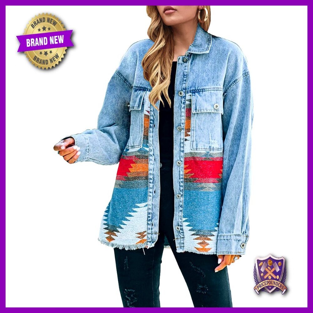 Distressed Denim Jacket Vintage Button Down Lapel Long Sleeve Aztec Print